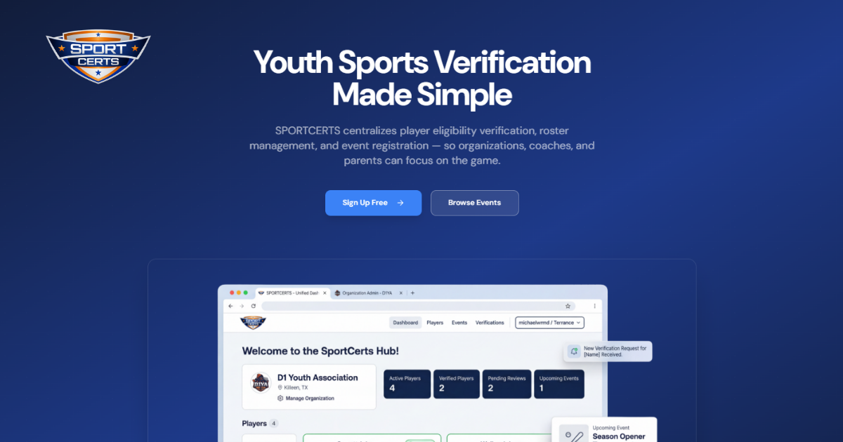 Sports Authentication SPORTCERTS — Youth Sports Verification Made Simple